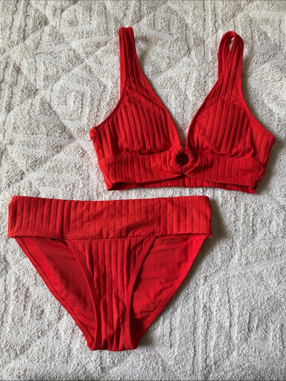 aerie Red Ribbed Bikini Set with Ring Detail